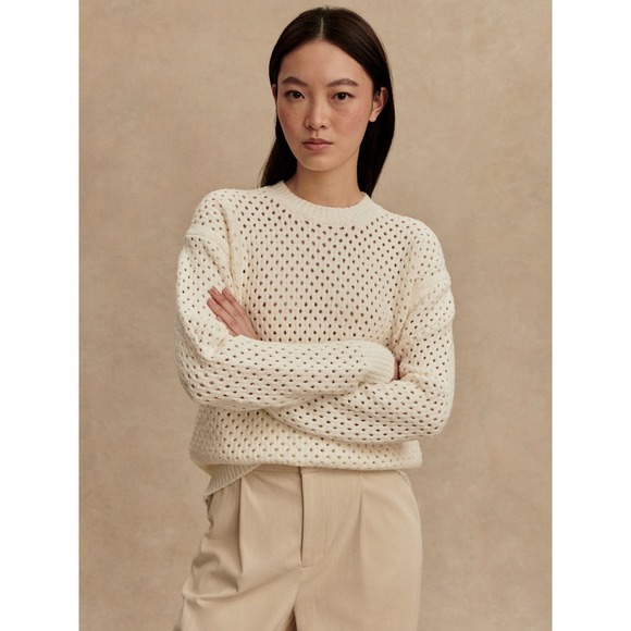Varley Sweaters - NWT Varley Grady Boucle Knit Sweater S Ivory New Mesh‎ Pointeille Anthropologie